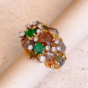 Peter Lindeman 18k Rough Diamond & Emerald Ring