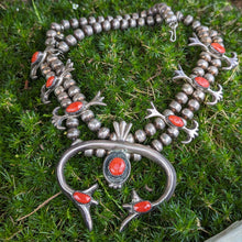 Load image into Gallery viewer, Southwestern Sterling Silver &amp; Coral Squashblossom Necklace (child size)