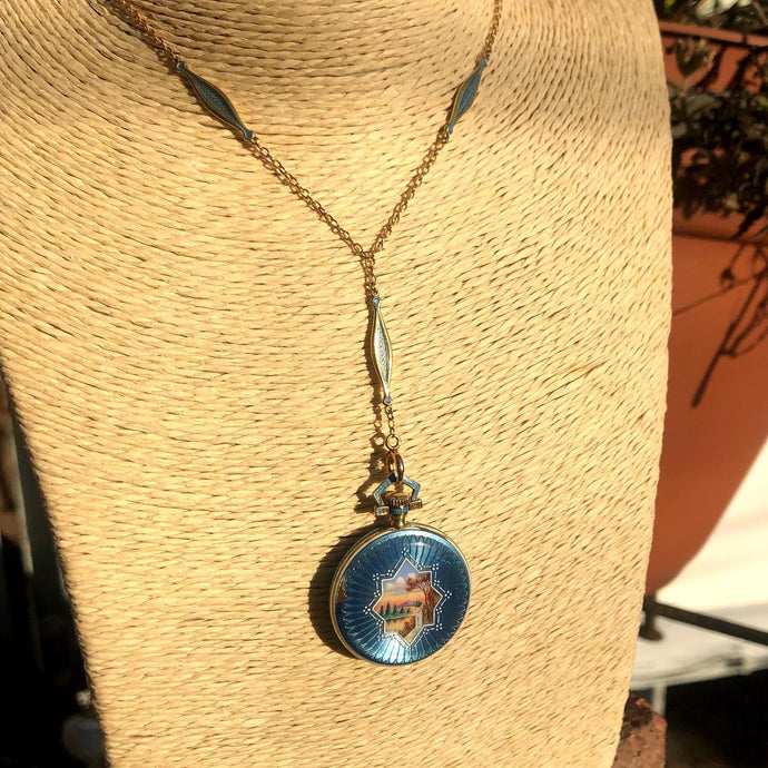 14k Yellow Gold Watch Necklace with Enameled Scene