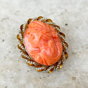 Coral Cameo with Pearl Frame