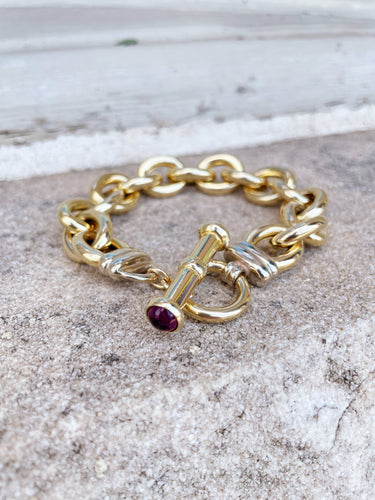14k Yellow Gold Cable Link Bracelet with Amethyst Accent