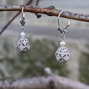 14k White Gold Drop Earrings with Pearl and Diamond Accents