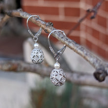 Load image into Gallery viewer, 14k White Gold Drop Earrings with Pearl and Diamond Accents